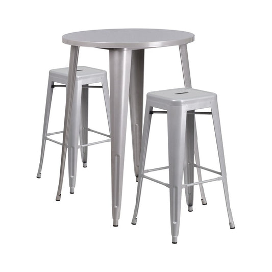 Commercial Grade 30" Round Silver Metal Indoor-Outdoor Bar Table Set with 2 Square Seat Backless Stools