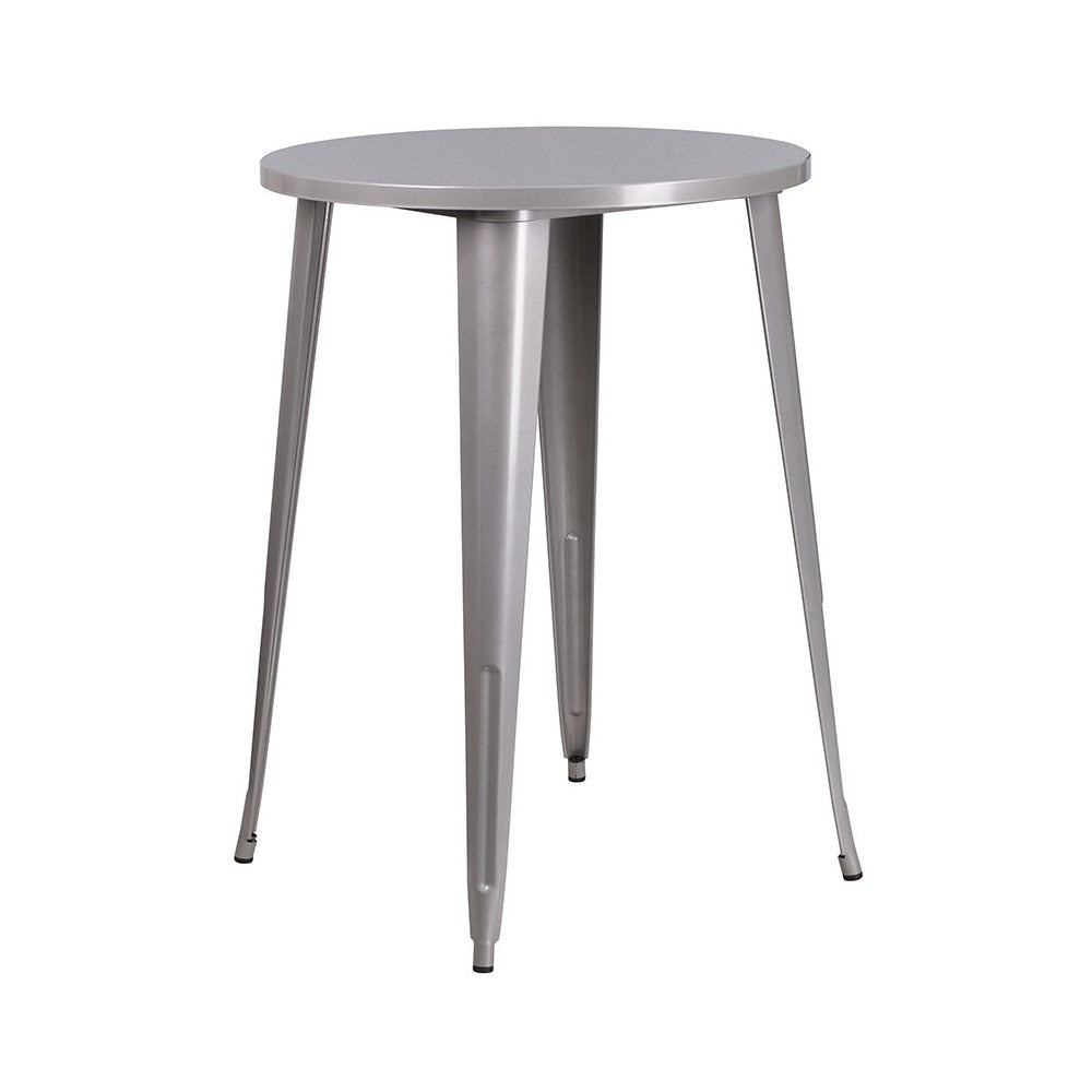 Commercial Grade 30" Round Silver Metal Indoor-Outdoor Bar Table Set with 2 Square Seat Backless Stools