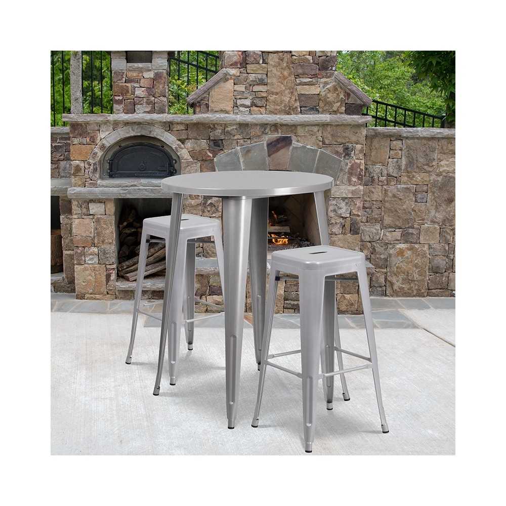 Commercial Grade 30" Round Silver Metal Indoor-Outdoor Bar Table Set with 2 Square Seat Backless Stools