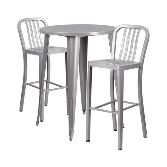 Commercial Grade 30" Round Silver Metal Indoor-Outdoor Bar Table Set with 2 Vertical Slat Back Stools