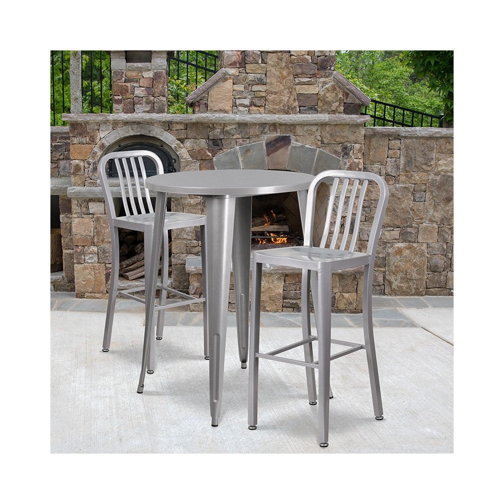 Commercial Grade 30" Round Silver Metal Indoor-Outdoor Bar Table Set with 2 Vertical Slat Back Stools