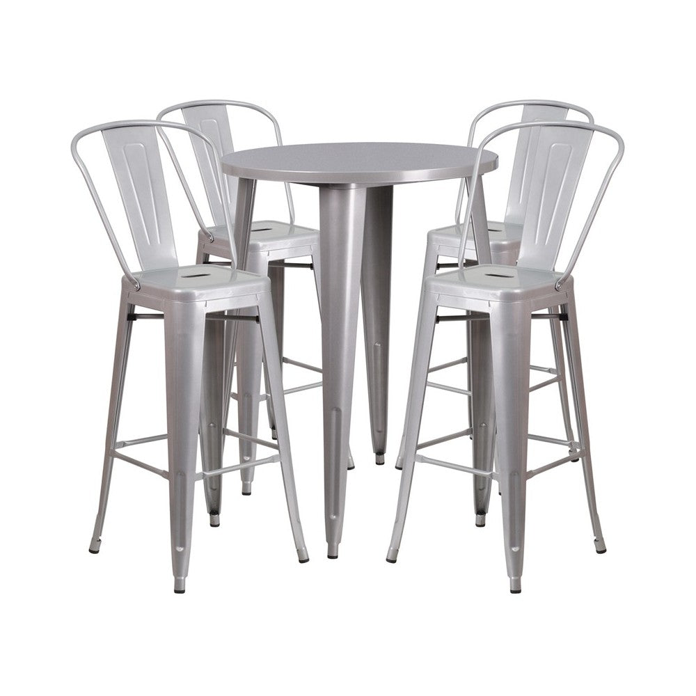 Commercial Grade 30" Round Silver Metal Indoor-Outdoor Bar Table Set with 4 Cafe Stools