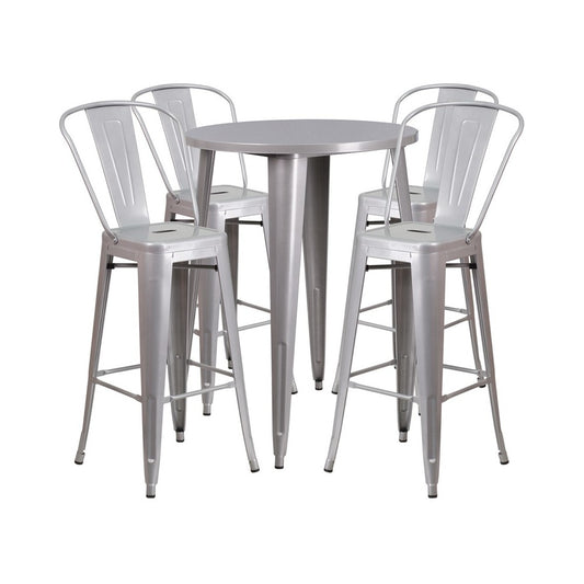 Commercial Grade 30" Round Silver Metal Indoor-Outdoor Bar Table Set with 4 Cafe Stools