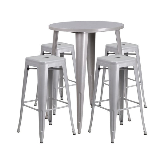 Commercial Grade 30" Round Silver Metal Indoor-Outdoor Bar Table Set with 4 Square Seat Backless Stools