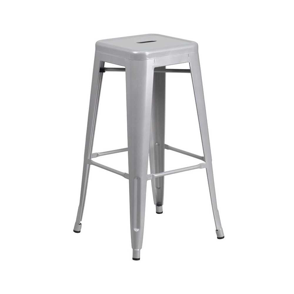 Commercial Grade 30" Round Silver Metal Indoor-Outdoor Bar Table Set with 4 Square Seat Backless Stools