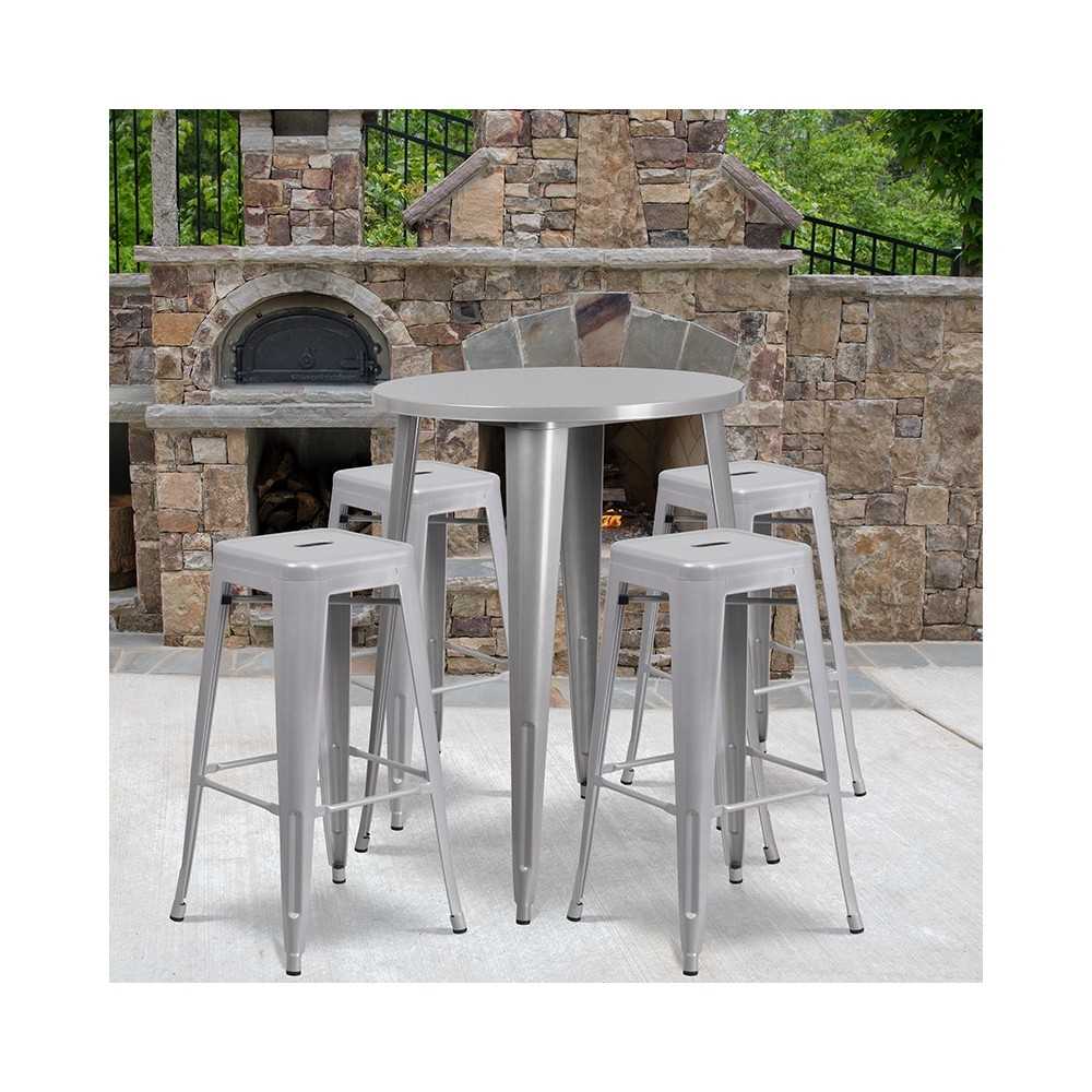 Commercial Grade 30" Round Silver Metal Indoor-Outdoor Bar Table Set with 4 Square Seat Backless Stools