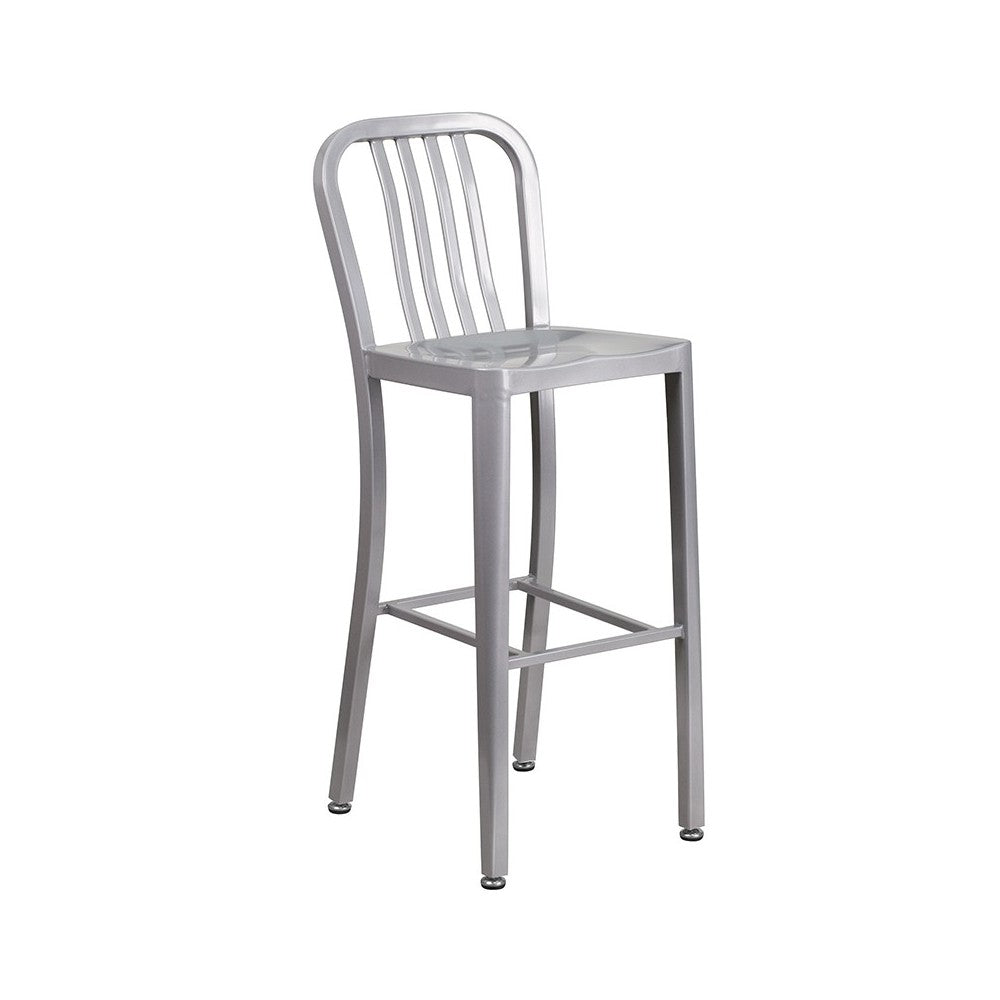 Commercial Grade 30" Round Silver Metal Indoor-Outdoor Bar Table Set with 4 Vertical Slat Back Stools