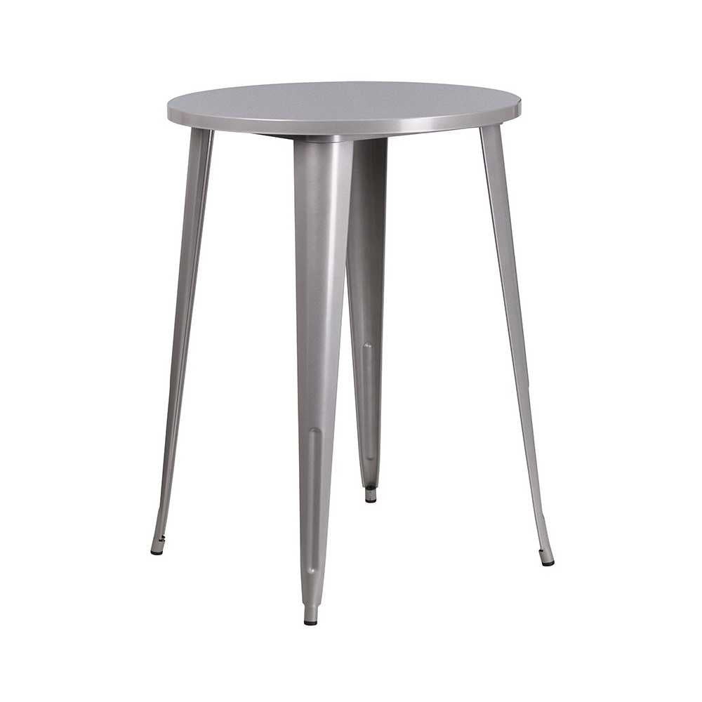 Commercial Grade 30" Round Silver Metal Indoor-Outdoor Bar Table Set with 4 Vertical Slat Back Stools
