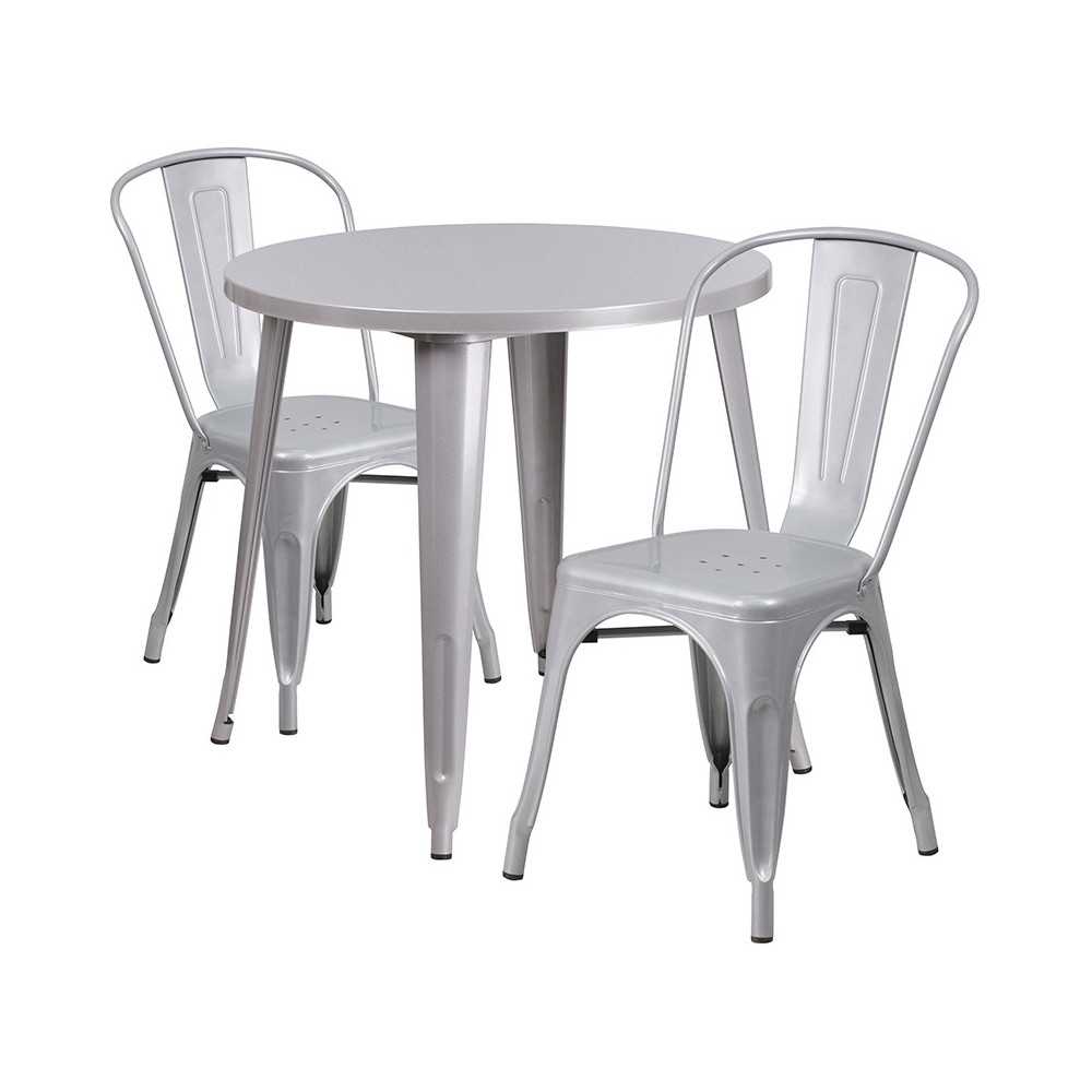 Commercial Grade 30" Round Silver Metal Indoor-Outdoor Table Set with 2 Cafe Chairs