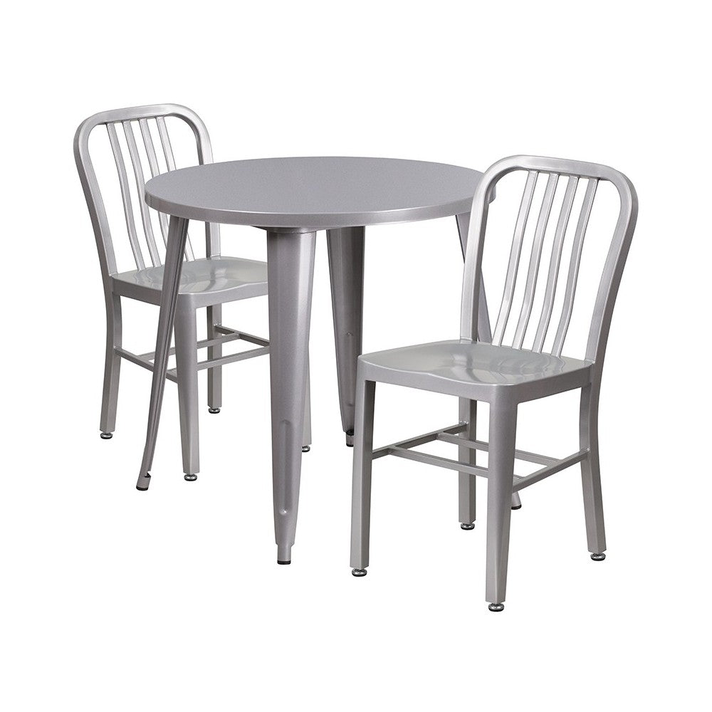 Commercial Grade 30" Round Silver Metal Indoor-Outdoor Table Set with 2 Vertical Slat Back Chairs