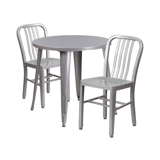 Commercial Grade 30" Round Silver Metal Indoor-Outdoor Table Set with 2 Vertical Slat Back Chairs