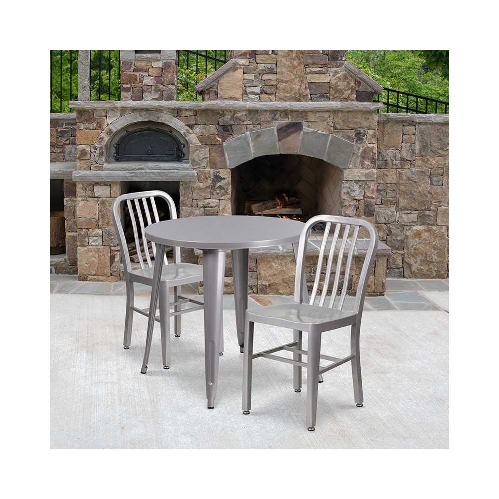 Commercial Grade 30" Round Silver Metal Indoor-Outdoor Table Set with 2 Vertical Slat Back Chairs