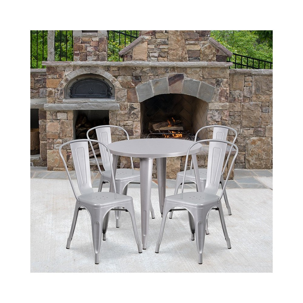 Commercial Grade 30" Round Silver Metal Indoor-Outdoor Table Set with 4 Cafe Chairs
