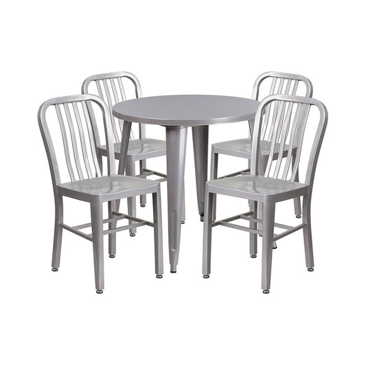 Commercial Grade 30" Round Silver Metal Indoor-Outdoor Table Set with 4 Vertical Slat Back Chairs