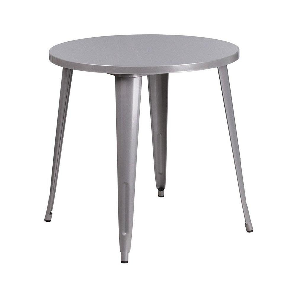 Commercial Grade 30" Round Silver Metal Indoor-Outdoor Table Set with 4 Vertical Slat Back Chairs