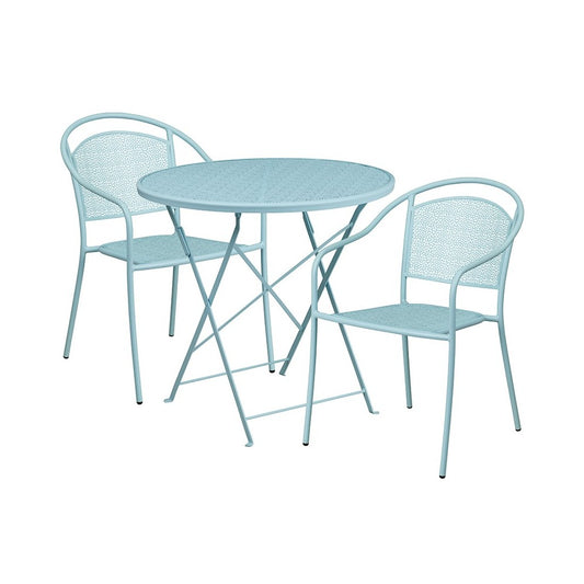 Commercial Grade 30" Round Sky Blue Indoor-Outdoor Steel Folding Patio Table Set with 2 Round Back Chairs