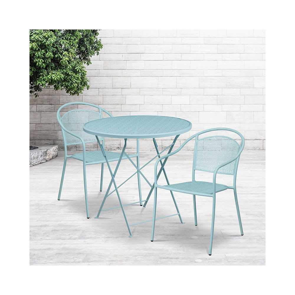 Commercial Grade 30" Round Sky Blue Indoor-Outdoor Steel Folding Patio Table Set with 2 Round Back Chairs