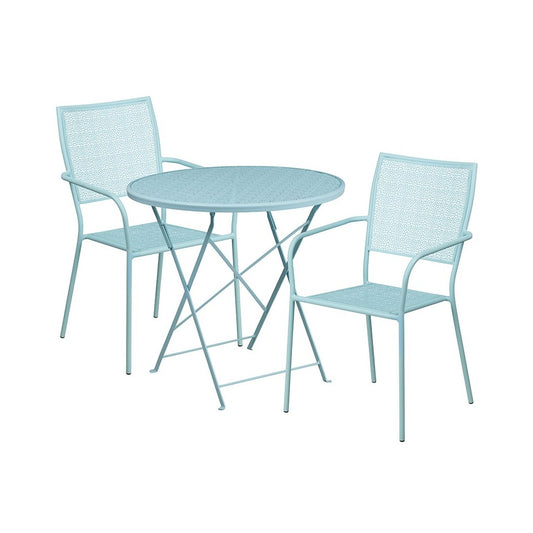 Commercial Grade 30" Round Sky Blue Indoor-Outdoor Steel Folding Patio Table Set with 2 Square Back Chairs