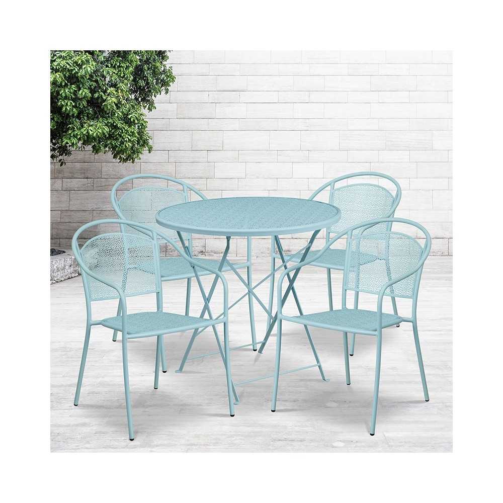 Commercial Grade 30" Round Sky Blue Indoor-Outdoor Steel Folding Patio Table Set with 4 Round Back Chairs