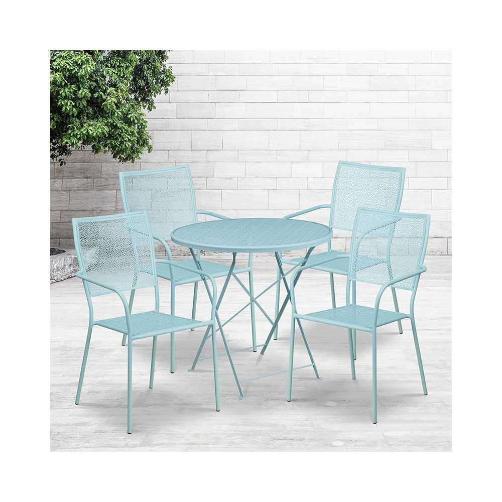 Commercial Grade 30" Round Sky Blue Indoor-Outdoor Steel Folding Patio Table Set with 4 Square Back Chairs