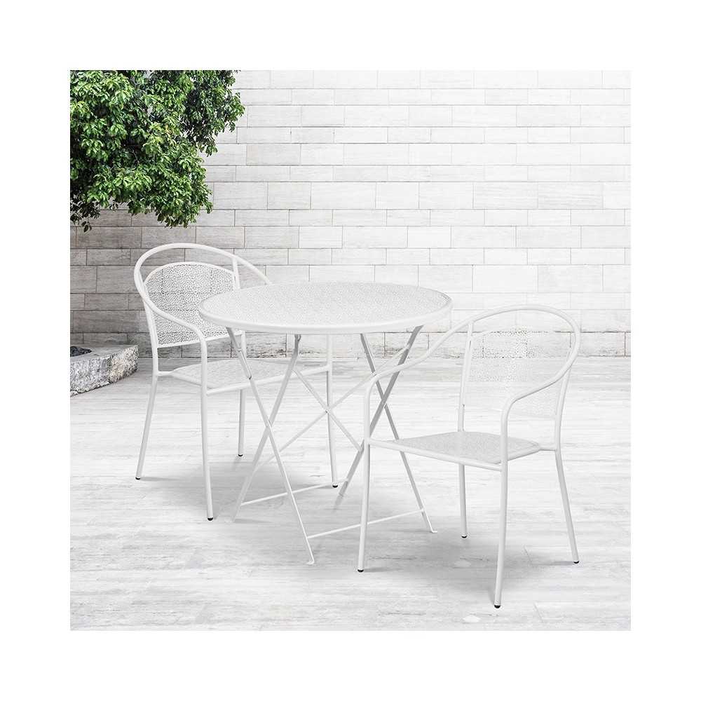 Commercial Grade 30" Round White Indoor-Outdoor Steel Folding Patio Table Set with 2 Round Back Chairs