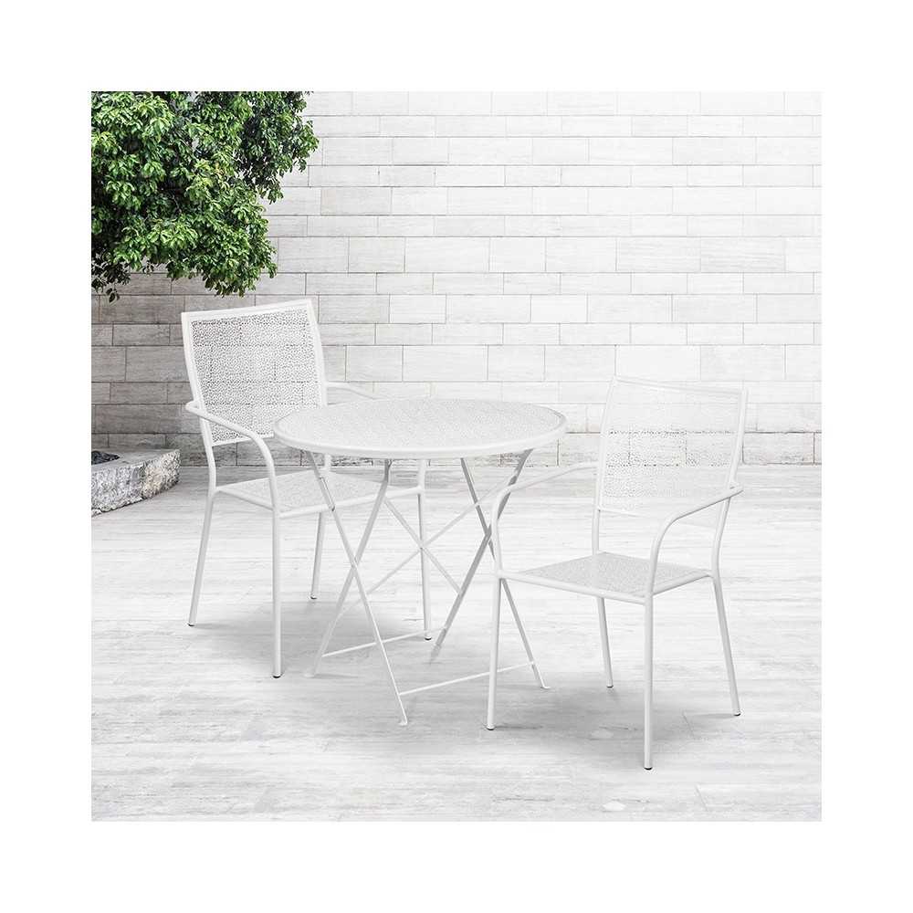 Commercial Grade 30" Round White Indoor-Outdoor Steel Folding Patio Table Set with 2 Square Back Chairs