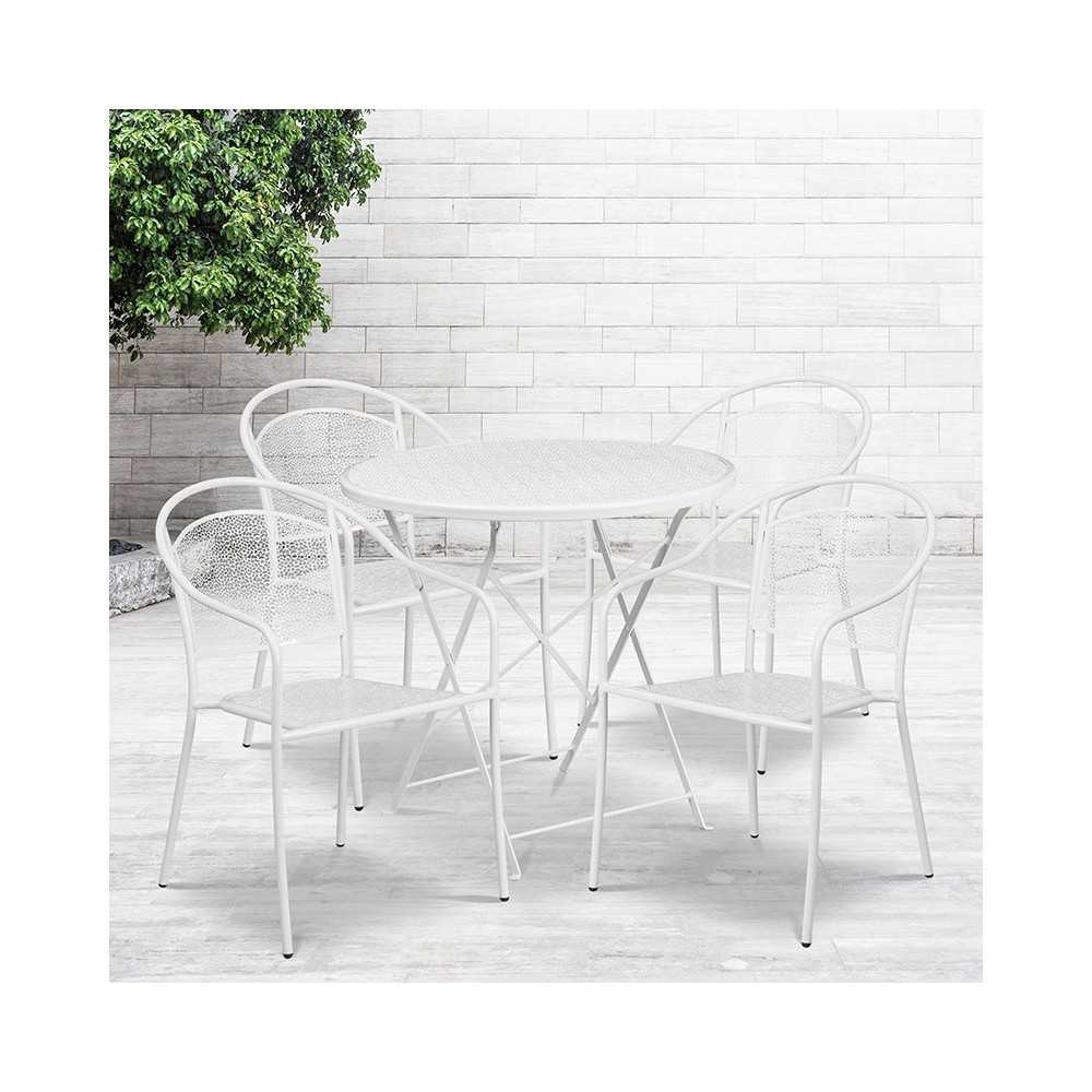 Commercial Grade 30" Round White Indoor-Outdoor Steel Folding Patio Table Set with 4 Round Back Chairs