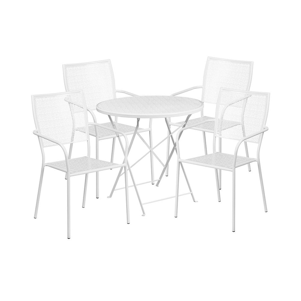 Commercial Grade 30" Round White Indoor-Outdoor Steel Folding Patio Table Set with 4 Square Back Chairs