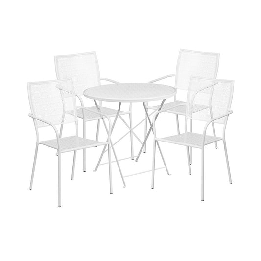 Commercial Grade 30" Round White Indoor-Outdoor Steel Folding Patio Table Set with 4 Square Back Chairs