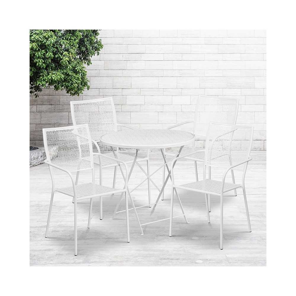 Commercial Grade 30" Round White Indoor-Outdoor Steel Folding Patio Table Set with 4 Square Back Chairs