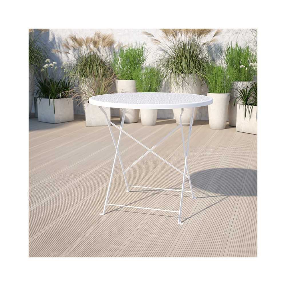 Commercial Grade 30" Round White Indoor-Outdoor Steel Folding Patio Table