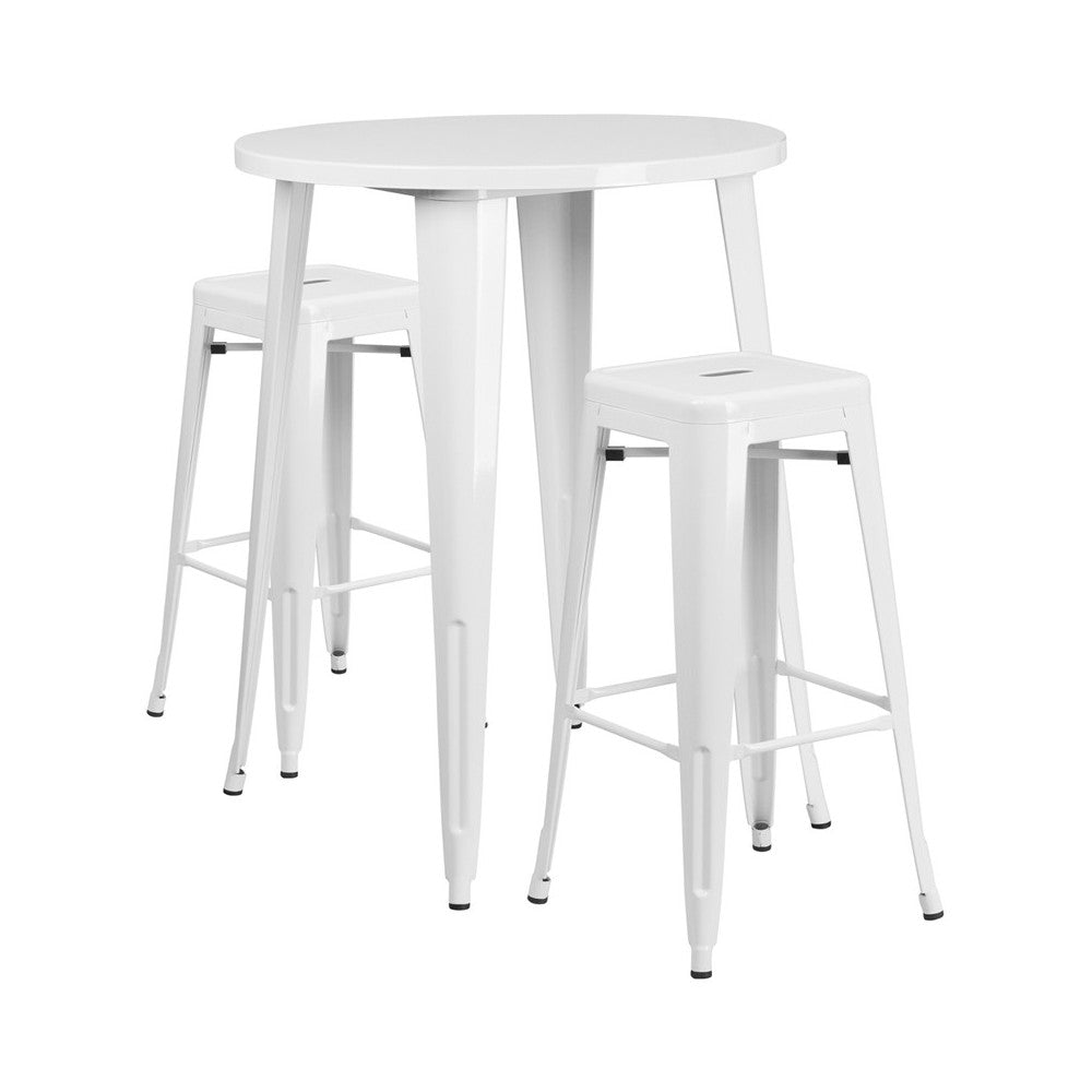 Commercial Grade 30" Round White Metal Indoor-Outdoor Bar Table Set with 2 Square Seat Backless Stools