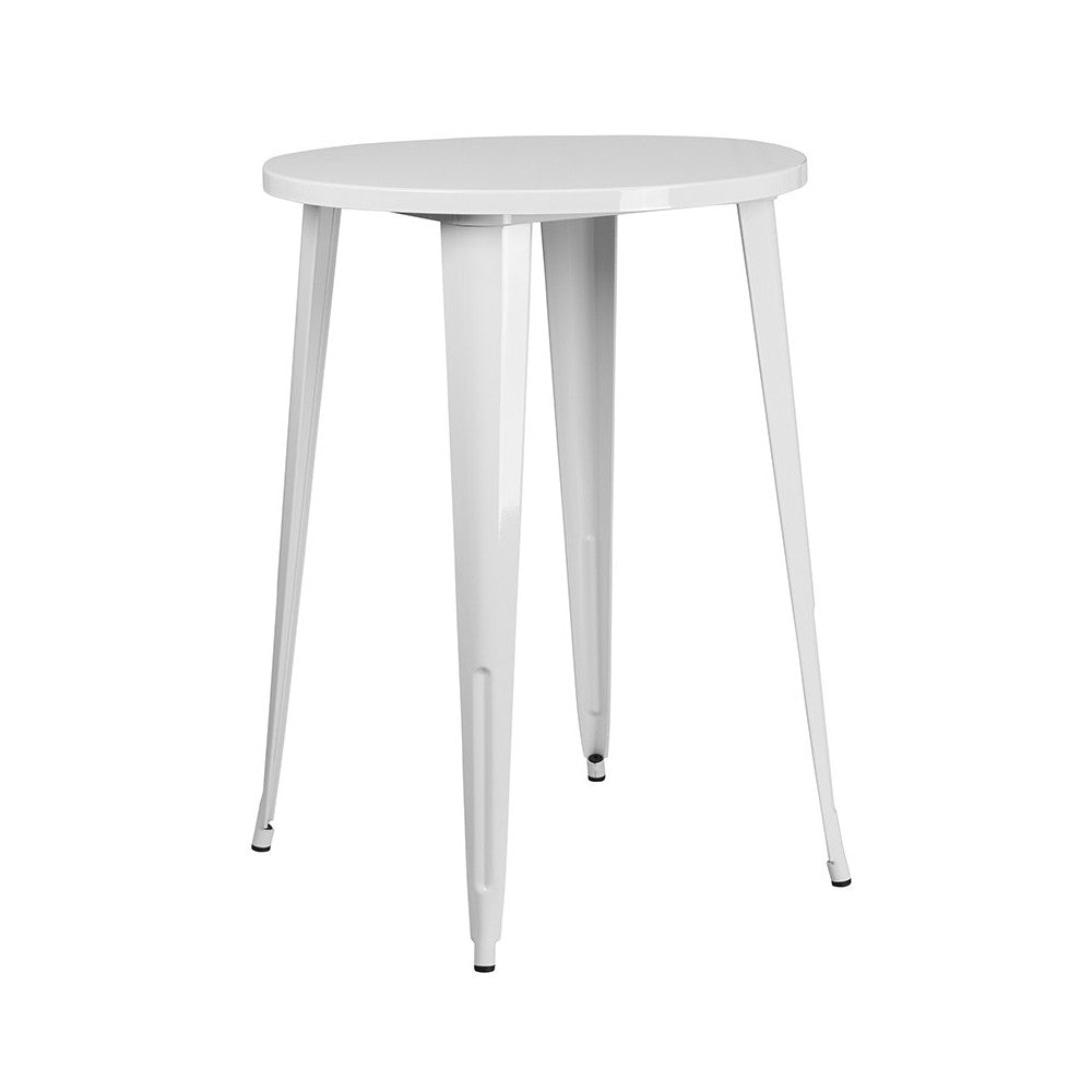 Commercial Grade 30" Round White Metal Indoor-Outdoor Bar Table Set with 2 Square Seat Backless Stools