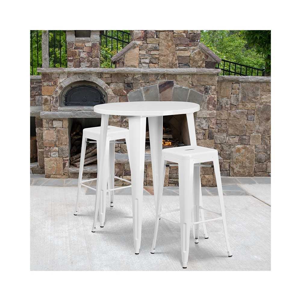 Commercial Grade 30" Round White Metal Indoor-Outdoor Bar Table Set with 2 Square Seat Backless Stools