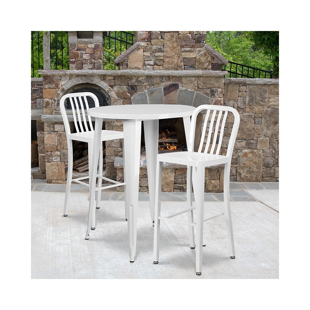 Commercial Grade 30" Round White Metal Indoor-Outdoor Bar Table Set with 2 Vertical Slat Back Stools