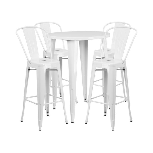 Commercial Grade 30" Round White Metal Indoor-Outdoor Bar Table Set with 4 Cafe Stools