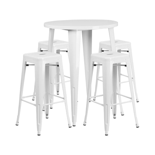 Commercial Grade 30" Round White Metal Indoor-Outdoor Bar Table Set with 4 Square Seat Backless Stools