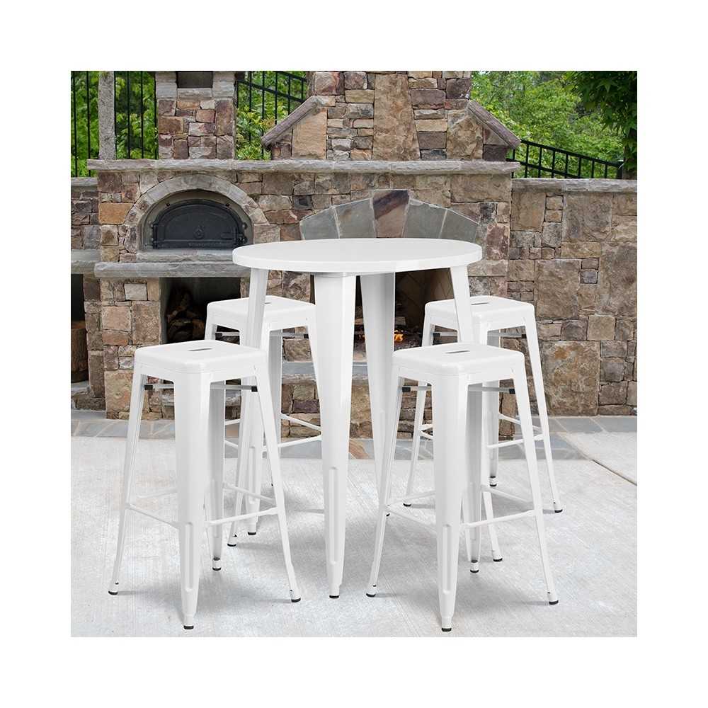 Commercial Grade 30" Round White Metal Indoor-Outdoor Bar Table Set with 4 Square Seat Backless Stools