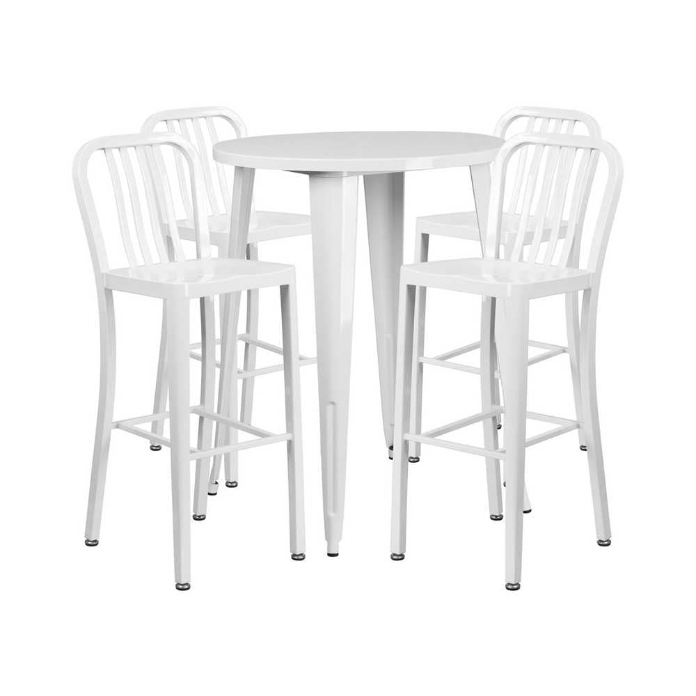 Commercial Grade 30" Round White Metal Indoor-Outdoor Bar Table Set with 4 Vertical Slat Back Stools