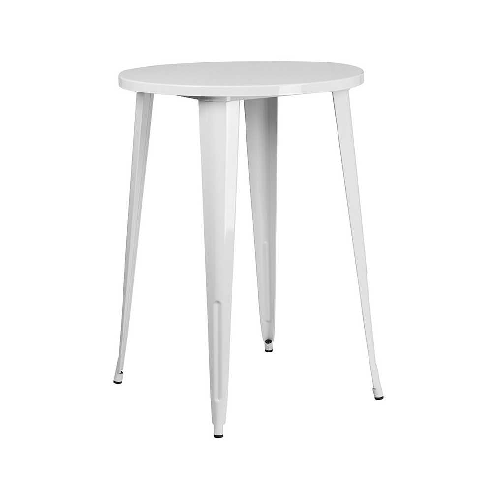 Commercial Grade 30" Round White Metal Indoor-Outdoor Bar Table Set with 4 Vertical Slat Back Stools