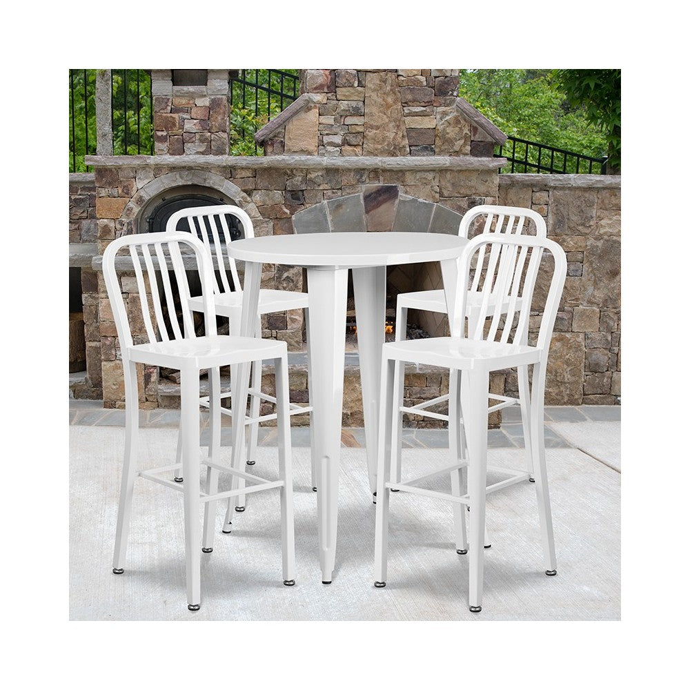 Commercial Grade 30" Round White Metal Indoor-Outdoor Bar Table Set with 4 Vertical Slat Back Stools