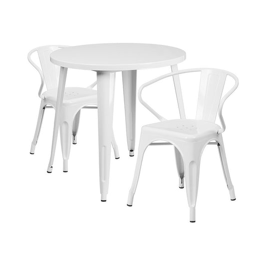 Commercial Grade 30" Round White Metal Indoor-Outdoor Table Set with 2 Arm Chairs