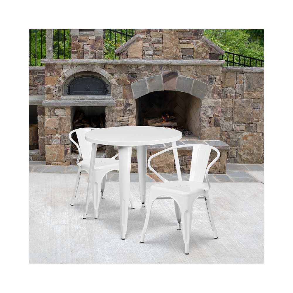 Commercial Grade 30" Round White Metal Indoor-Outdoor Table Set with 2 Arm Chairs