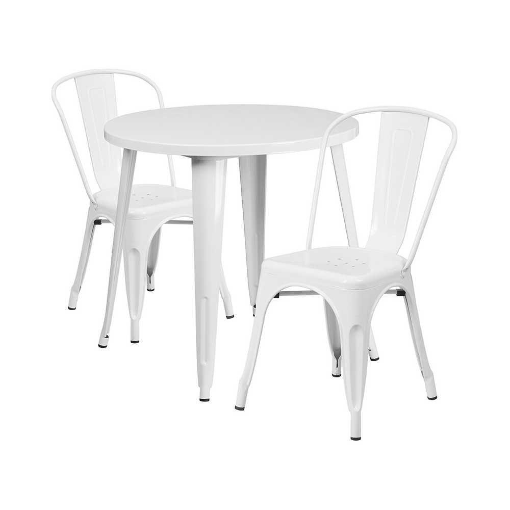 Commercial Grade 30" Round White Metal Indoor-Outdoor Table Set with 2 Cafe Chairs