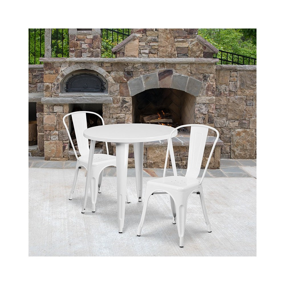 Commercial Grade 30" Round White Metal Indoor-Outdoor Table Set with 2 Cafe Chairs
