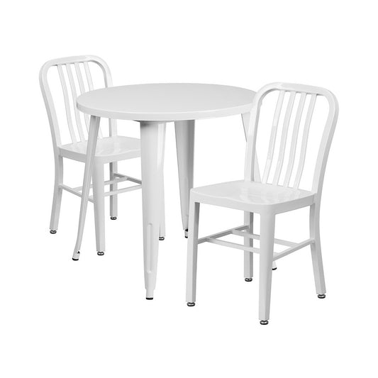 Commercial Grade 30" Round White Metal Indoor-Outdoor Table Set with 2 Vertical Slat Back Chairs