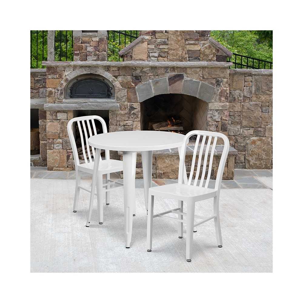 Commercial Grade 30" Round White Metal Indoor-Outdoor Table Set with 2 Vertical Slat Back Chairs