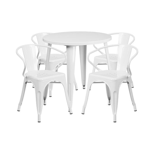 Commercial Grade 30" Round White Metal Indoor-Outdoor Table Set with 4 Arm Chairs