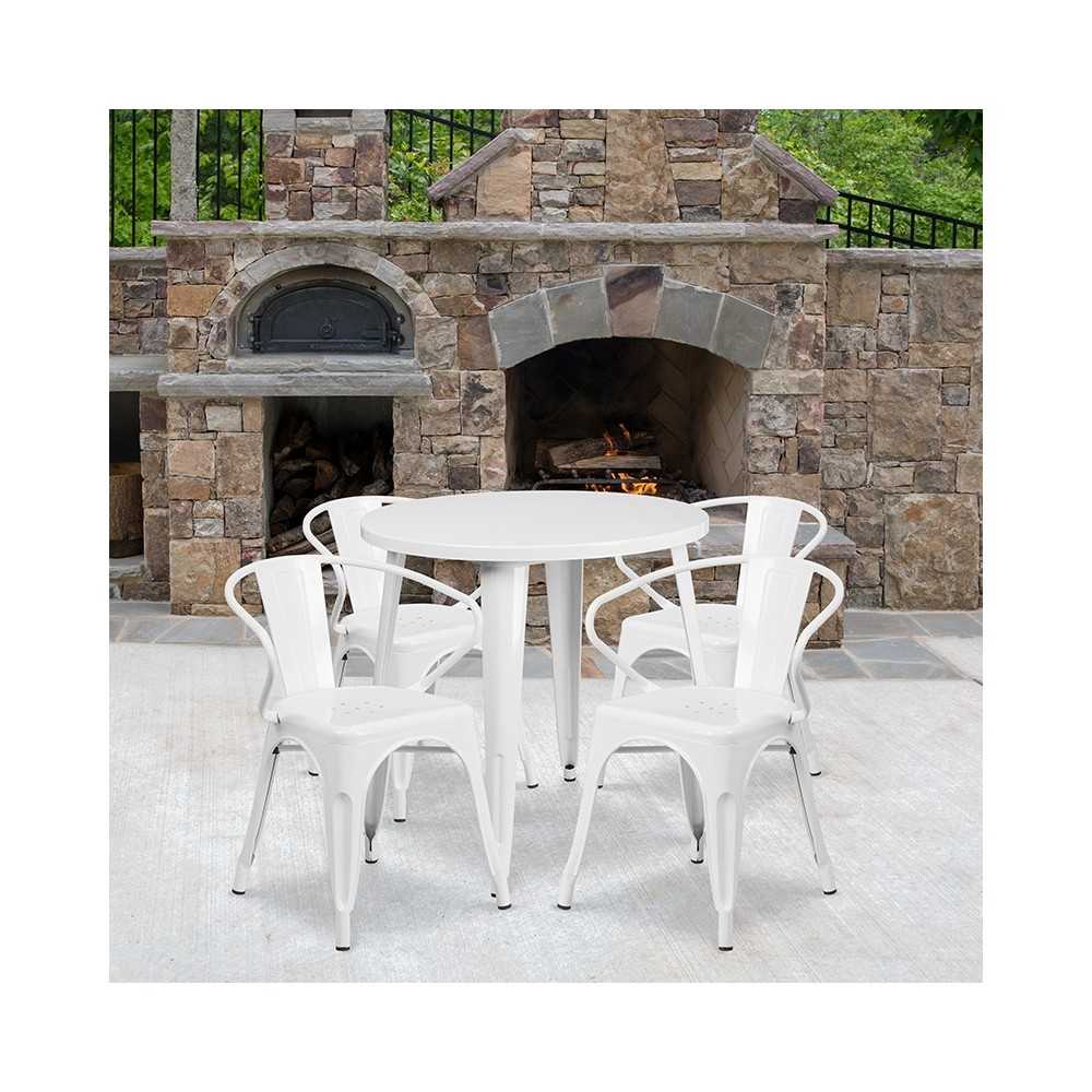Commercial Grade 30" Round White Metal Indoor-Outdoor Table Set with 4 Arm Chairs