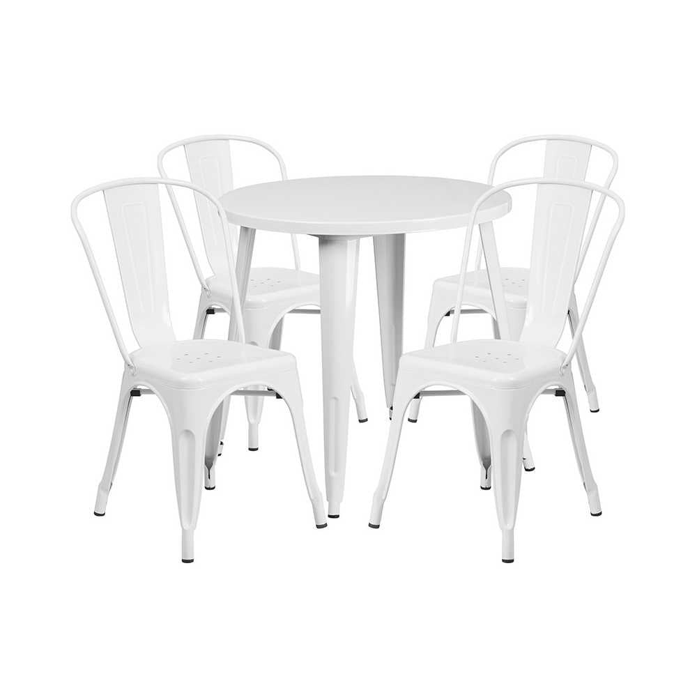 Commercial Grade 30" Round White Metal Indoor-Outdoor Table Set with 4 Cafe Chairs